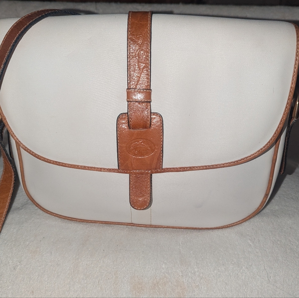 Delfino white leather with brown trim and handle crossbody bag.